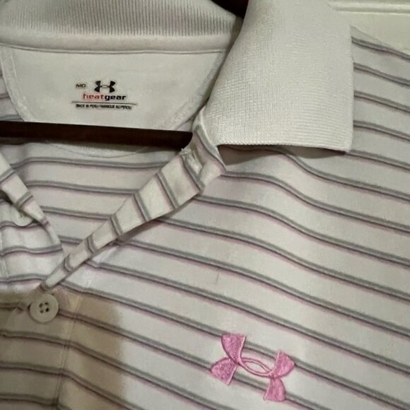 Under Armour White Striped Collared Golf Shirt Medium Breast Cancer Awareness - Picture 3 of 16